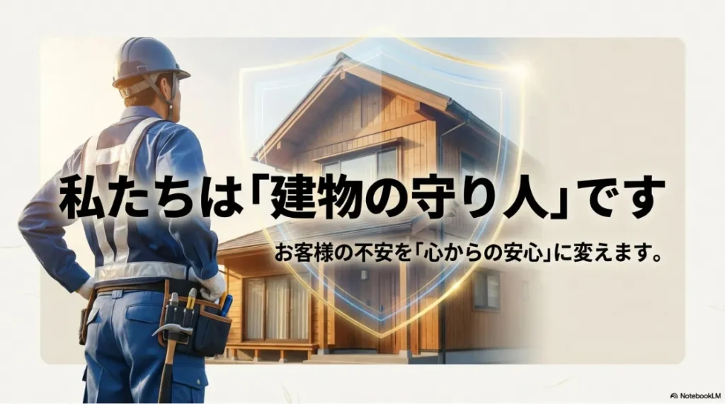 株式会社Live Shineの企業理念イメージ。「私たちは『建物の守り人』です」というメッセージと、お客様の不安を安心に変える職人の姿。守口市・門真市の防水工事・雨漏り修理専門店。