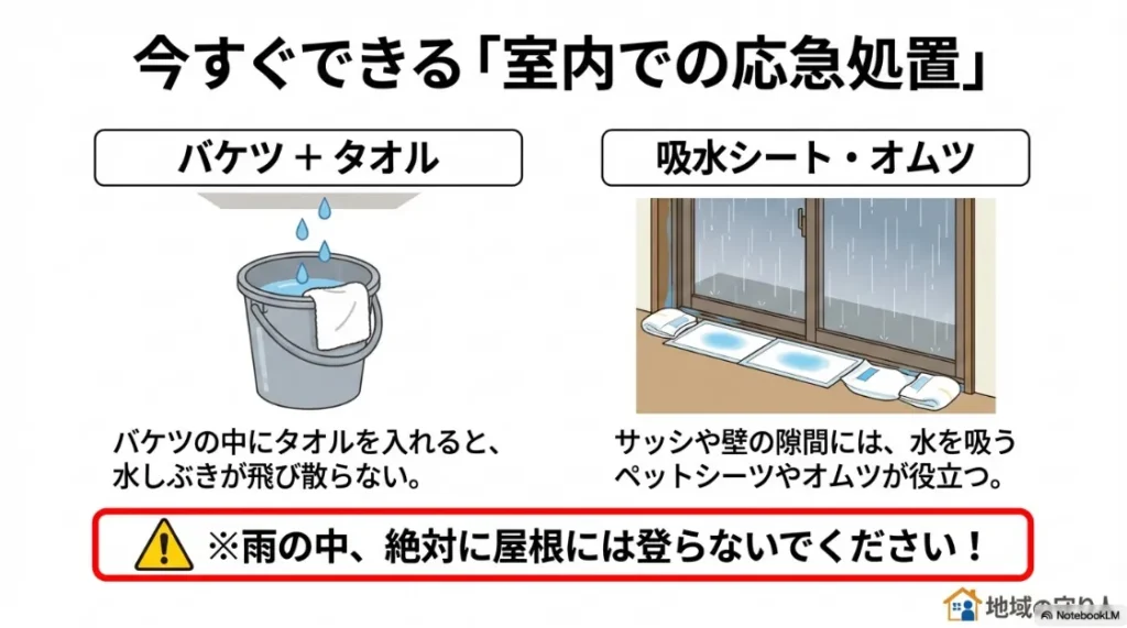 バケツとタオル、吸水シートやオムツを活用した、室内での雨漏りトラブルへの緊急対応。
