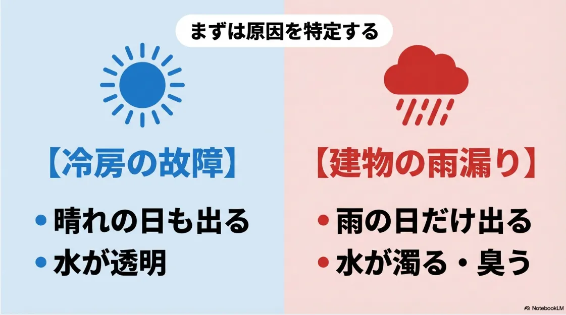 晴れの日と雨の日、水の色でエアコンの不具合か建物の雨漏りかを特定する比較図