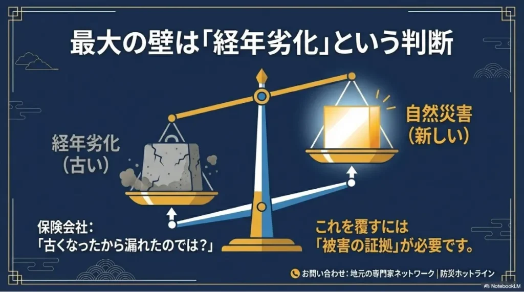 保険会社の経年劣化という判断を覆すために、被害の証拠が必要であることを示す天秤の図解