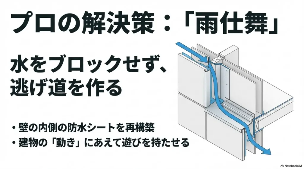 壁の内側の防水シート再構築や、建物の動きに遊びを持たせて水の逃げ道を作る雨仕舞の概念図。