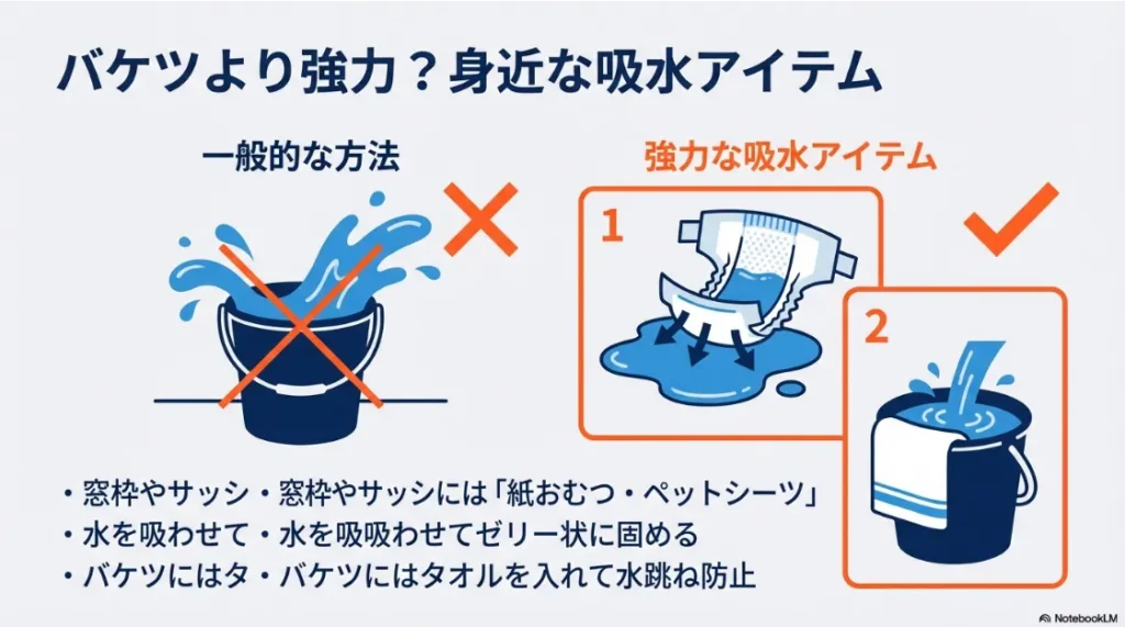 窓枠の雨漏り対策に紙おむつやペットシーツ、バケツとタオルを併用する方法の解説