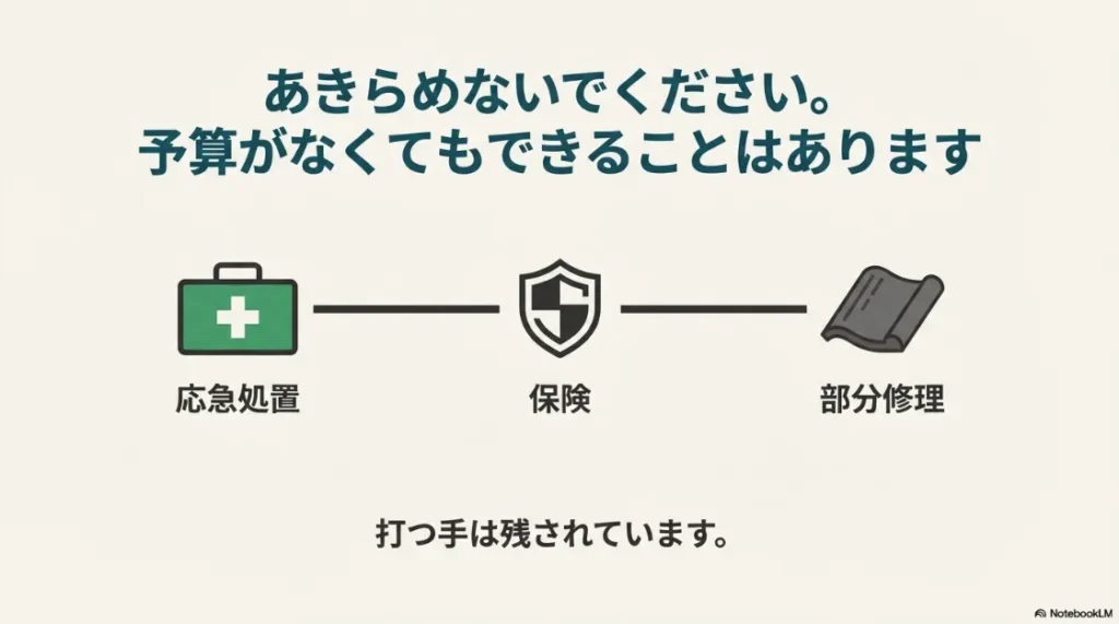 予算がなくても雨漏りに対処できる、応急処置・保険・部分修理の3つの選択肢を紹介する図解。