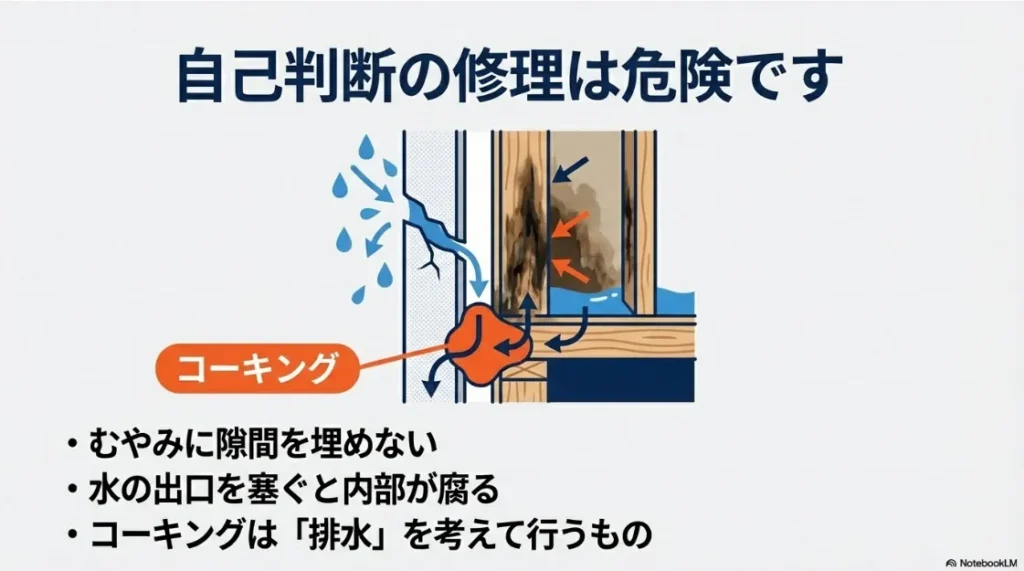 隙間をむやみに埋めることで内部が腐食するメカニズムを説明した図解