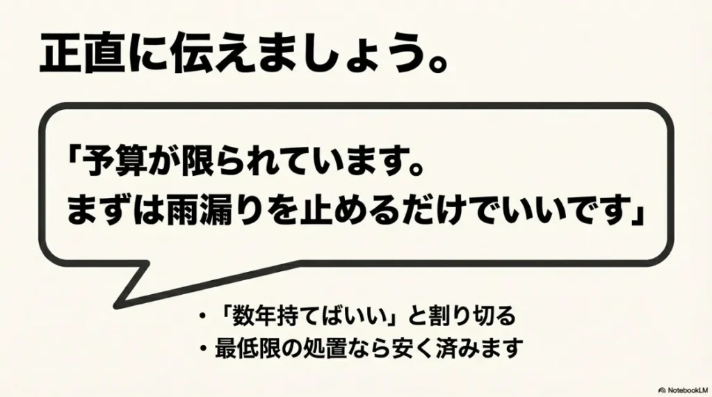業者に対し「予算が限られている」と正直に伝え、最低限の処置を依頼することで安く抑えるための伝え方。