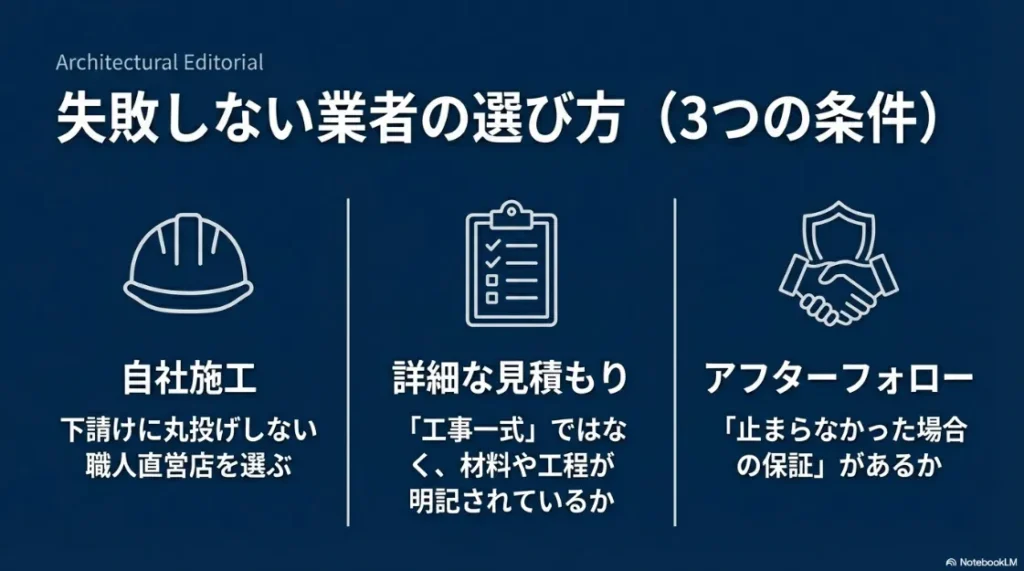 良い業者を選ぶ3つの条件（自社施工、詳細な見積もり、アフターフォロー）のチェックリスト。