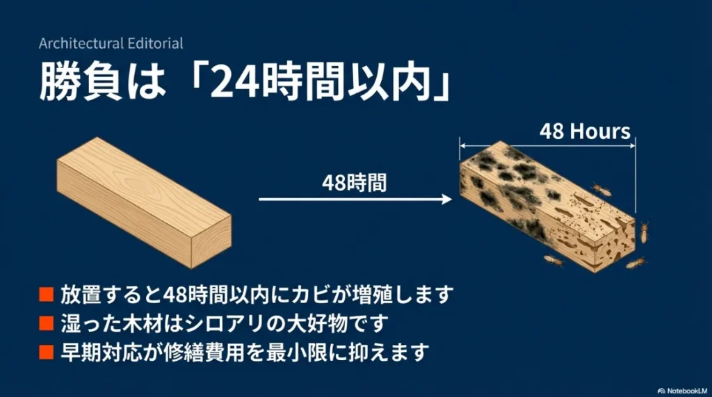 48時間以内のカビ増殖と、湿った木材を好むシロアリの危険性を伝えるスライド。早期対応の重要性。