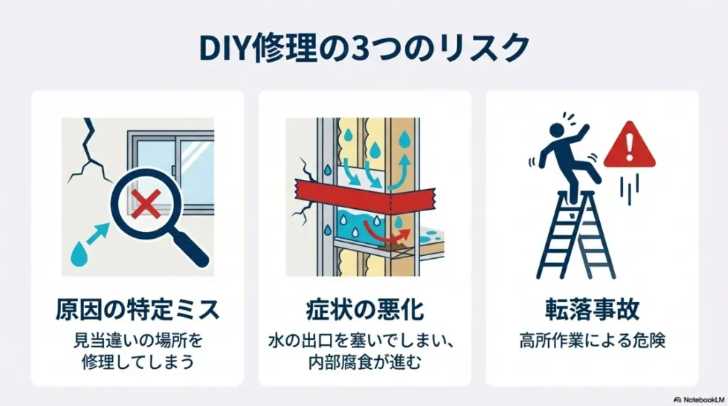 原因の特定ミス、出口を塞ぐことによる症状の悪化、高所作業での転落事故のリスクをまとめた注意喚起スライド。