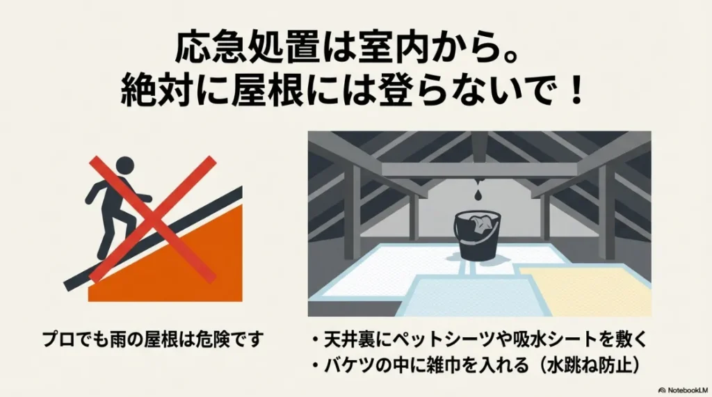 屋根に登らず室内から安全に行える応急処置として、天井裏の吸水シートやバケツを使った水跳ね防止策の解説図。