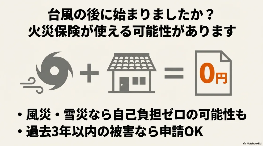 台風や雪害などの自然災害による雨漏りに火災保険が適用され、自己負担ゼロで修理できる可能性を示す画像。