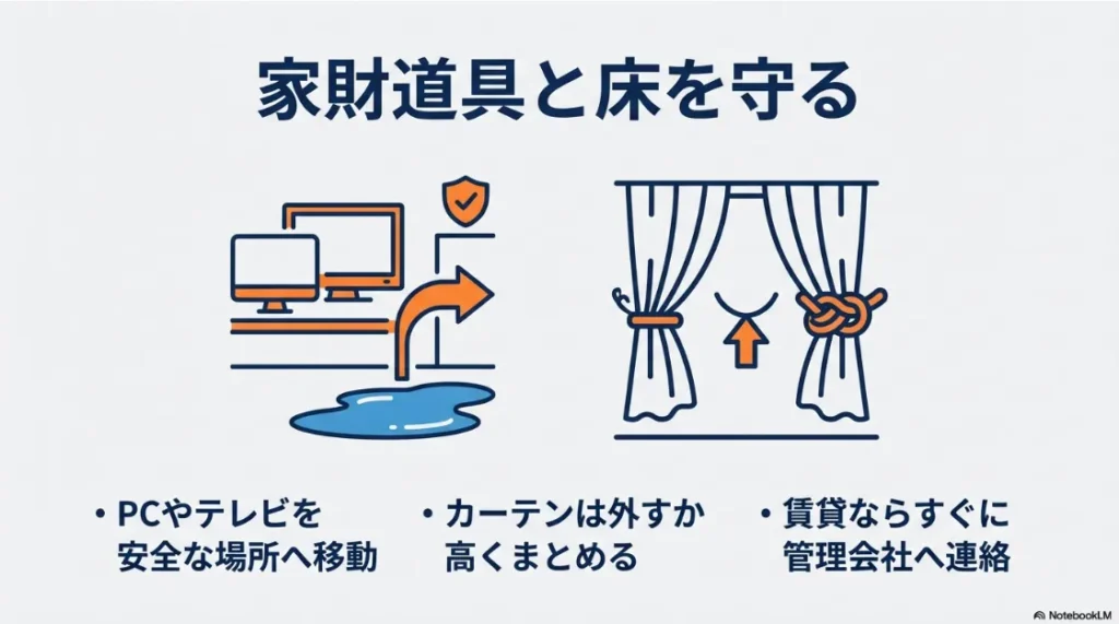 雨漏りからパソコンやカーテンを守り、賃貸管理会社へ連絡することを推奨する図解