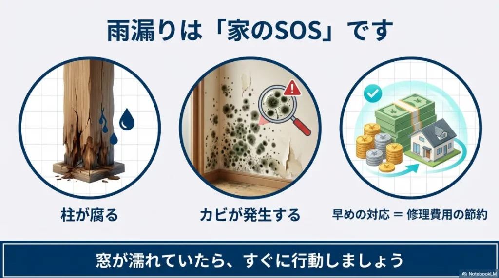 雨漏りを放置することで柱が腐ったりカビが発生したりするリスクと、早期対応が修理費用の節約に繋がることを示すイラスト。