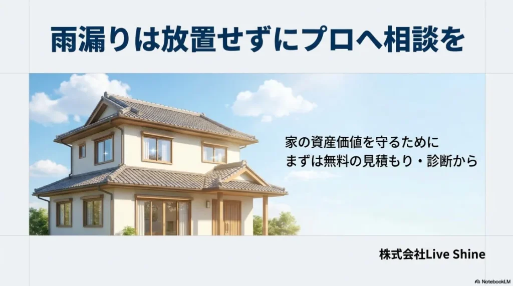 家の資産価値を守るため、まずは無料の見積もり・診断を推奨する株式会社Live Shineの結びのスライド。