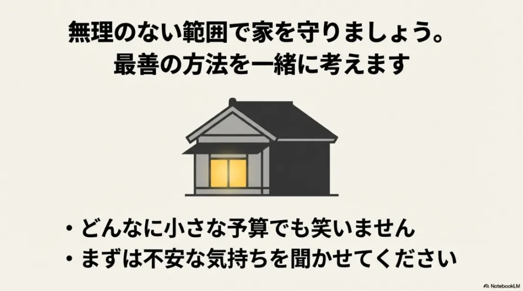 どんなに小さな予算でも親身に相談に乗り、無理のない範囲で最善の方法を一緒に考えるLive Shineの姿勢を示すメッセージ。