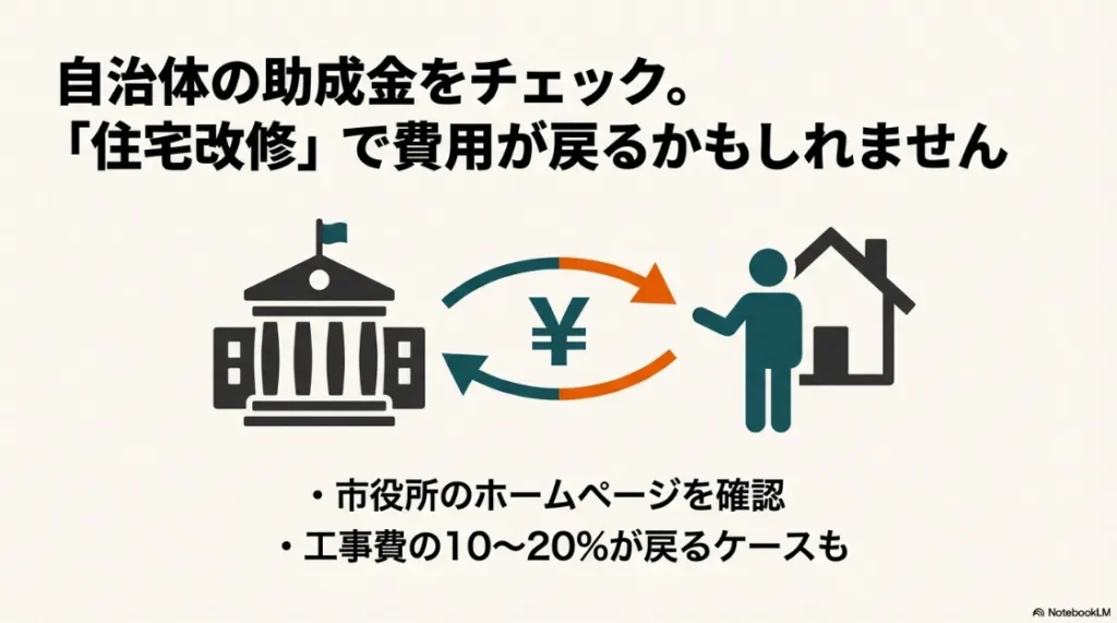 市役所などの自治体が提供する住宅改修助成金により、修理費用の10〜20%が戻ってくる仕組みを表した図解。