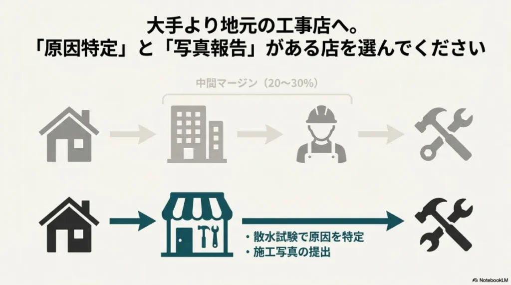 大手業者の20〜30%の中間マージンを解説し、原因特定と写真報告を徹底する地元の工事店を選ぶメリットを示した図解。