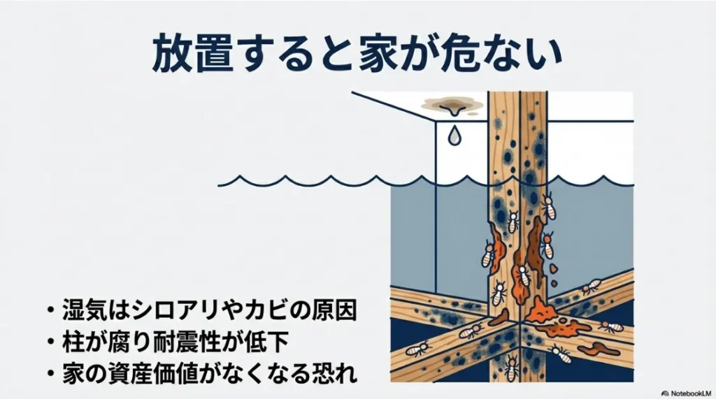 雨漏りを放置することで発生するシロアリ被害や柱の腐食、資産価値低下のイメージ図