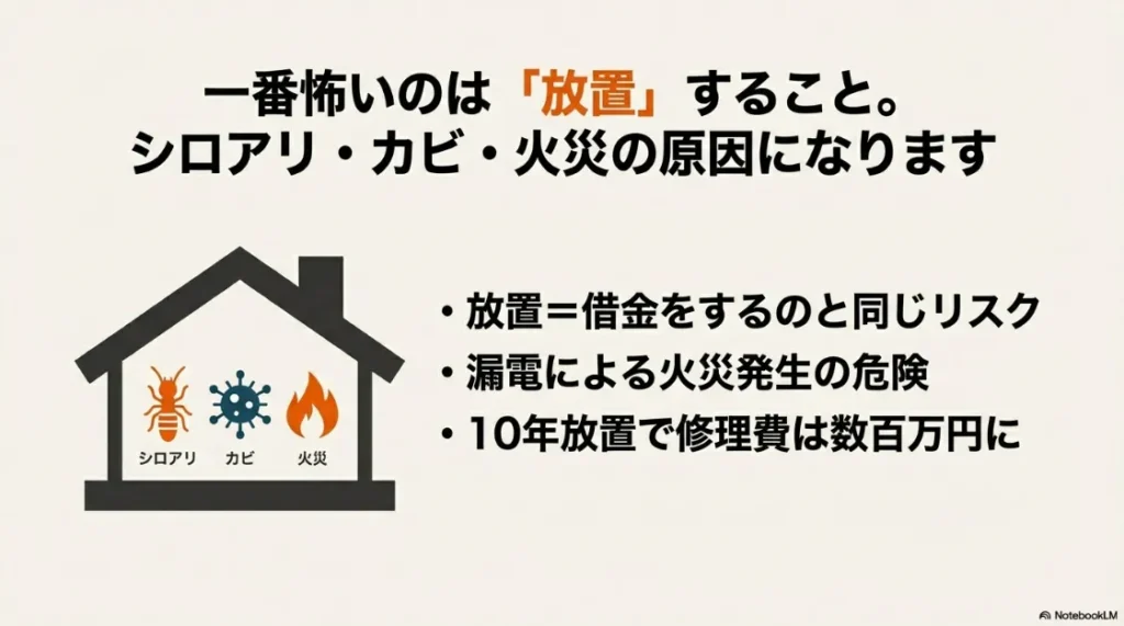 雨漏りを放置することで発生するシロアリ、カビ、漏電火災のリスクと、将来的な修理費増大を警告するイラスト。