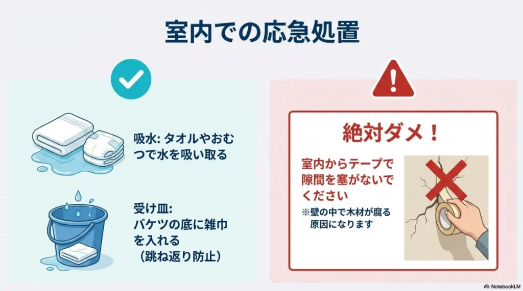 タオルやおむつでの吸水、バケツでの水受け方法と、室内からテープで塞いではいけない理由を説明するスライド。