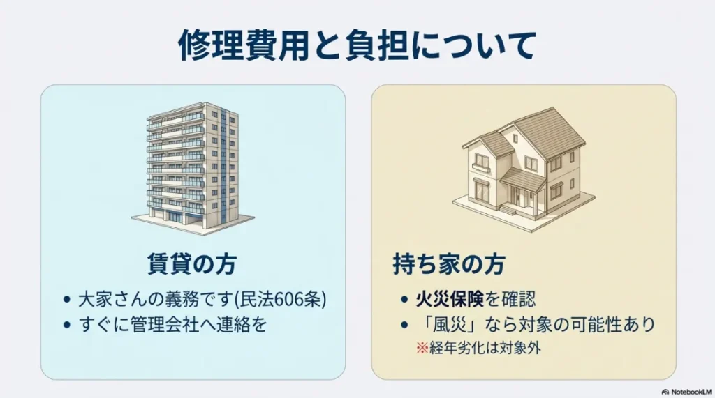 賃貸は大家の義務、持ち家は火災保険（風災）が適用される可能性があることを説明したスライド。