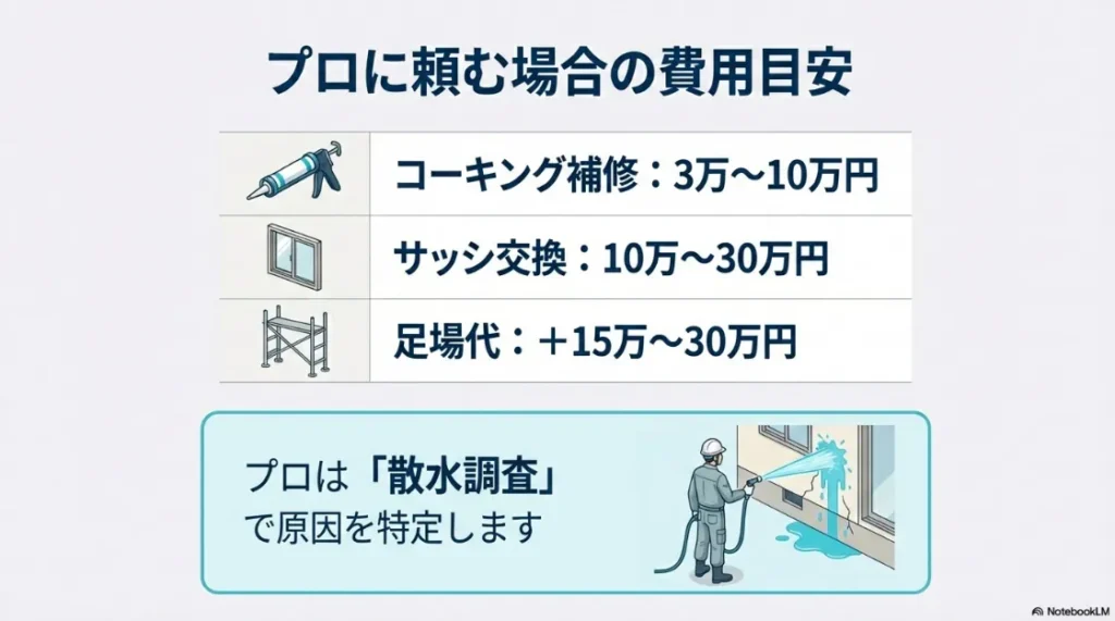 コーキング補修やサッシ交換の費用相場と、プロが原因特定のために行う散水調査のイメージをまとめたスライド。