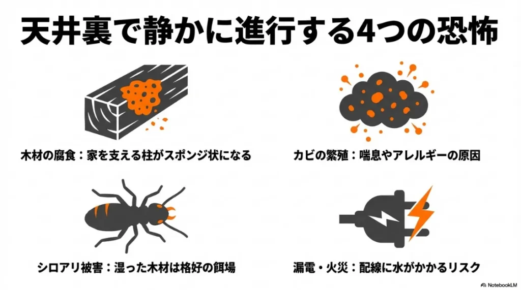 木材の腐食、カビ、シロアリ、漏電・火災という、雨漏り放置による深刻な被害のアイコン図解。
