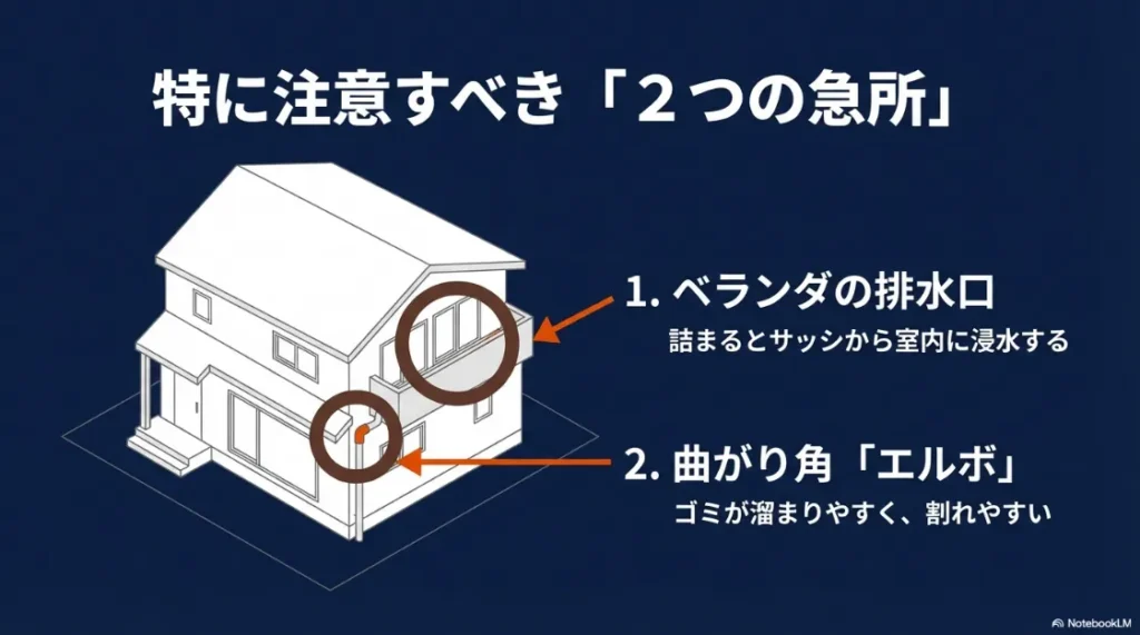 ベランダの排水口と雨樋の曲がり角（エルボ）という詰まりやすい急所の解説
