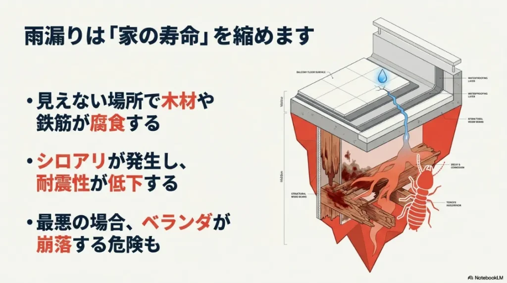 ベランダ雨漏り放置で発生する木材腐食やシロアリ被害を説明する断面図
