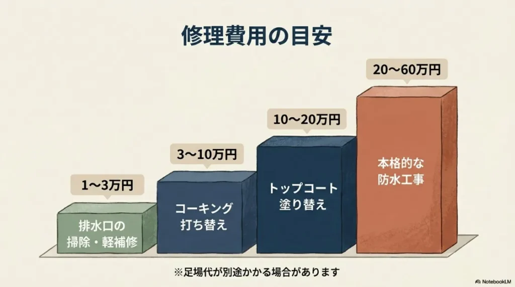 排水口掃除から本格的な防水工事まで、修理内容別の費用相場を示したグラフ