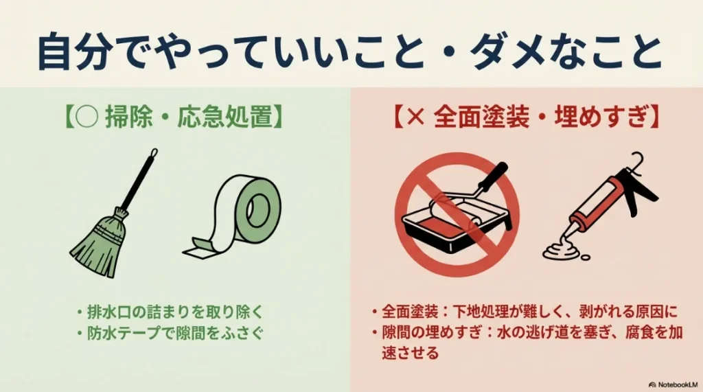 排水口掃除はOK、全面塗装や隙間の埋めすぎはNGであることを示すDIYの注意点