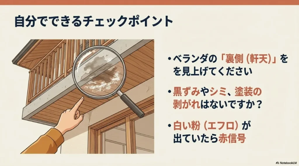 ベランダ下の天井（軒天）に見られるシミや塗装の剥がれ、白い粉（エフロ）の解説図