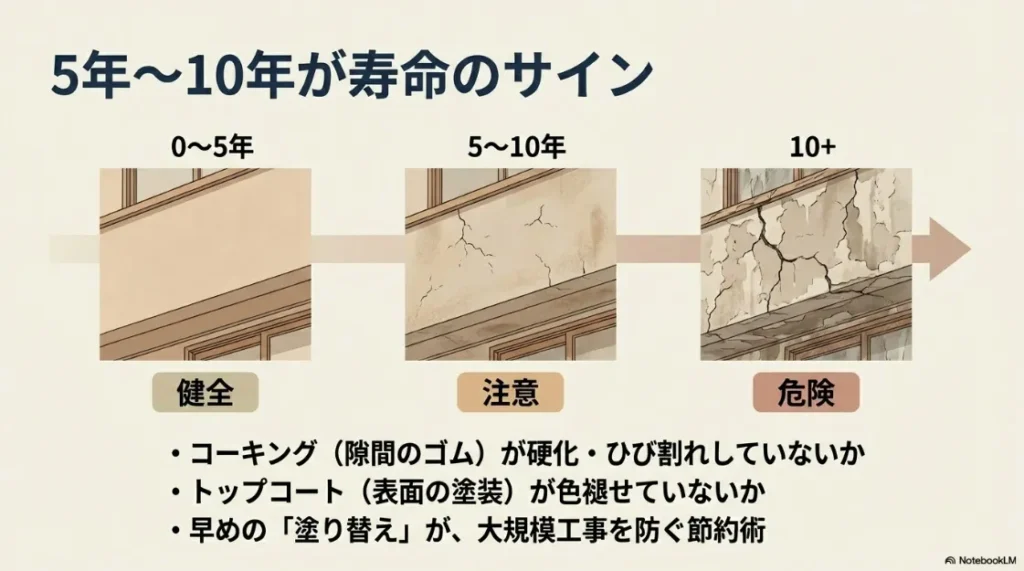 築年数ごとのベランダの状態（健全・注意・危険）とメンテナンス時期の目安