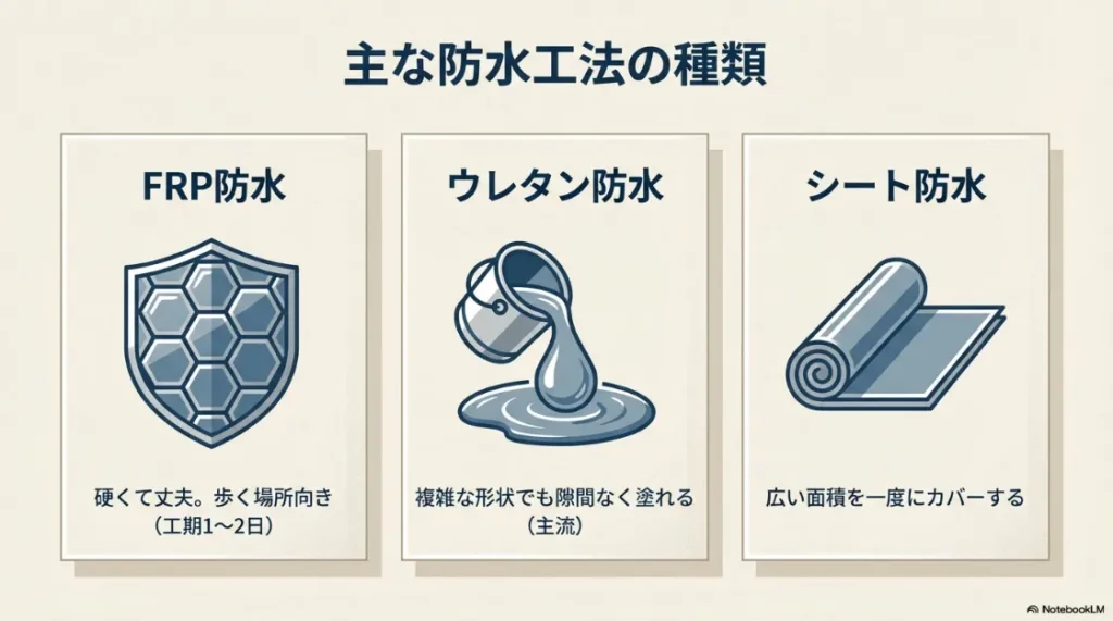 FRP防水、ウレタン防水、シート防水の3つの特徴とメリットを比較した図