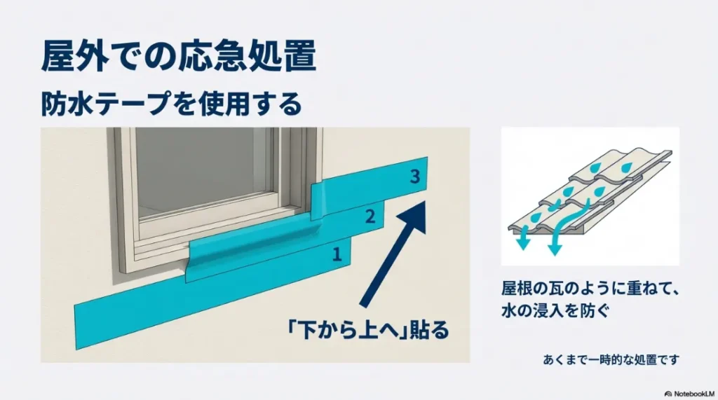 浸入を防ぐために、防水テープを「下から上へ」瓦のように重ねて貼る正しい手順を示した図解。