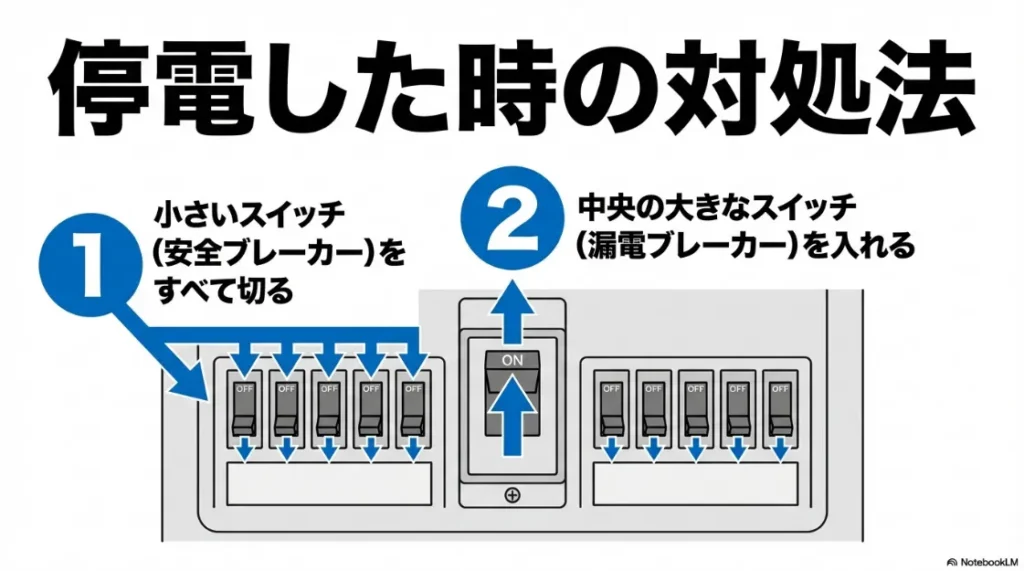 安全ブレーカーをすべて切り、漏電ブレーカーを入れる手順の解説