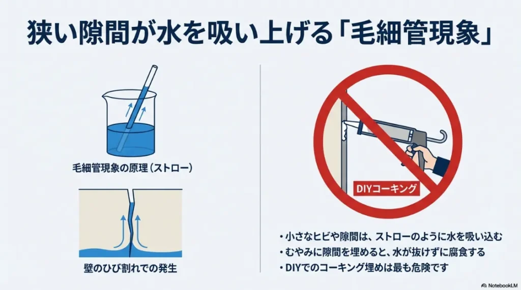 毛細管現象で水が吸い上げられる図解と、危険なDIYコーキングへの警告。
