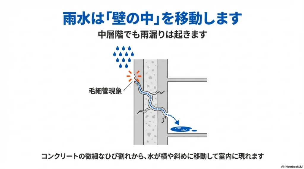 コンクリートの微細なひび割れを雨水が移動し室内へ現れる毛細管現象の図解