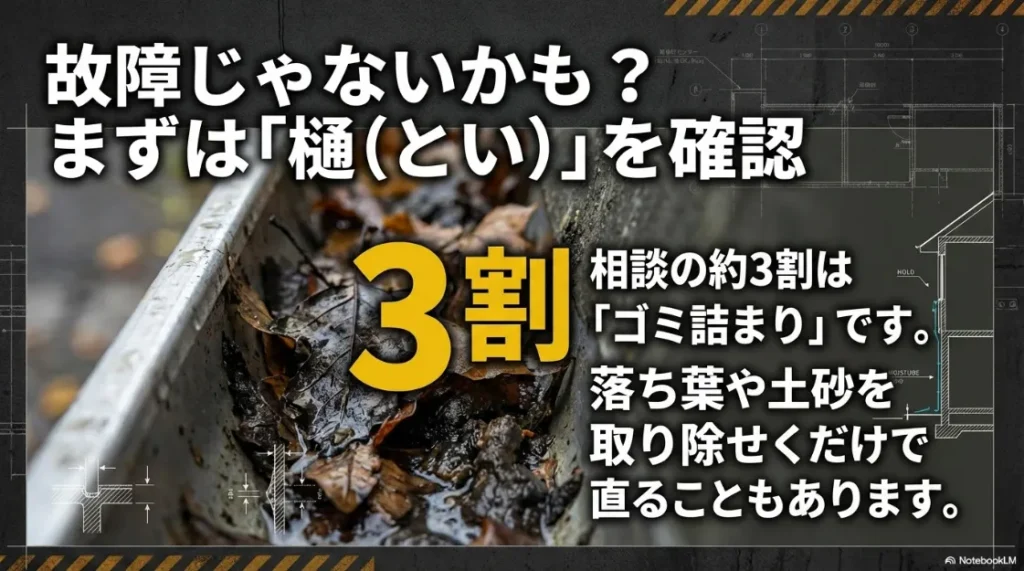 カーポートの雨漏り相談の3割がゴミ詰まりであり、掃除だけで直る可能性があることを伝える資料