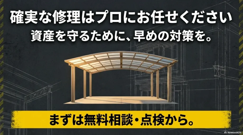 大切な車と資産を守るため、早めの専門家への相談と点検を推奨するメッセージ