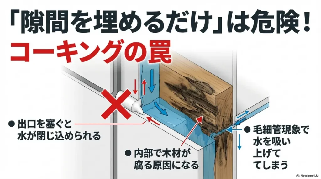 コーキングで出口を塞ぐことで水が閉じ込められ、毛細管現象で水を吸い上げてしまう現象を説明する画像。