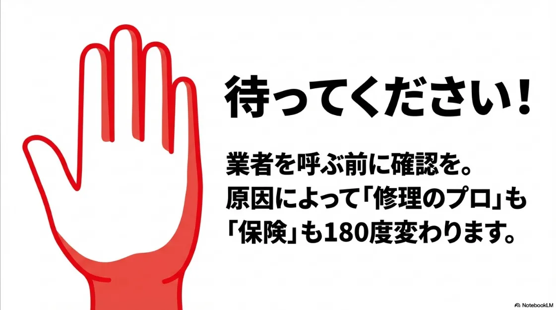 業者を呼ぶ前に確認すべき「修理のプロ」と「保険」の違いについての警告スライド 。