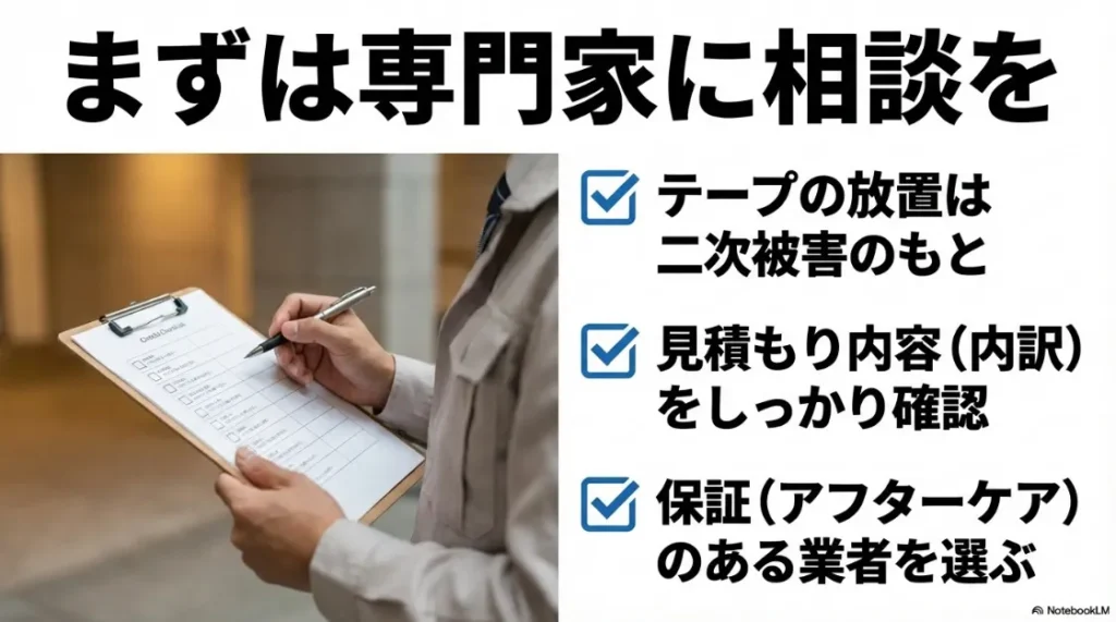 見積もりの内訳確認やアフターケア、保証の有無など、専門家へ相談する際のチェックポイント。