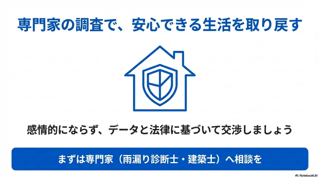 雨漏り診断士や建築士などの専門家に相談しデータと法律に基づいて解決することの重要性
