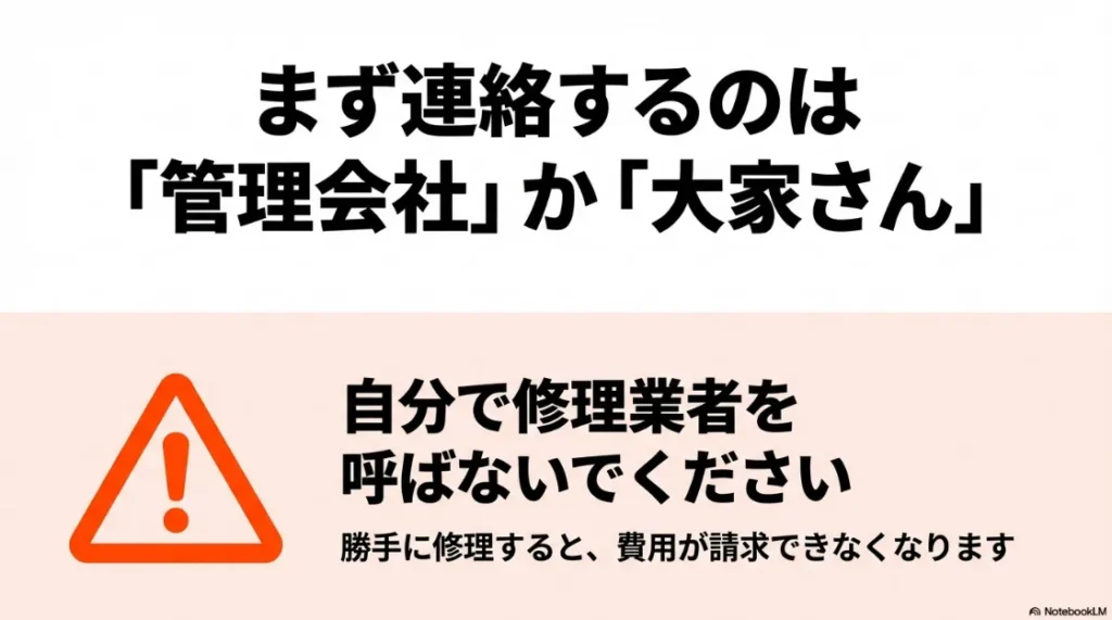 雨漏り発生時は自分で業者を呼ばず管理会社や大家さんへ連絡すべき理由の注意喚起