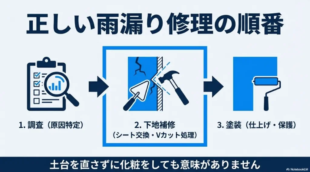 正しい雨漏り修理の工程図。1.調査、2.下地補修、3.塗装の順序を説明。