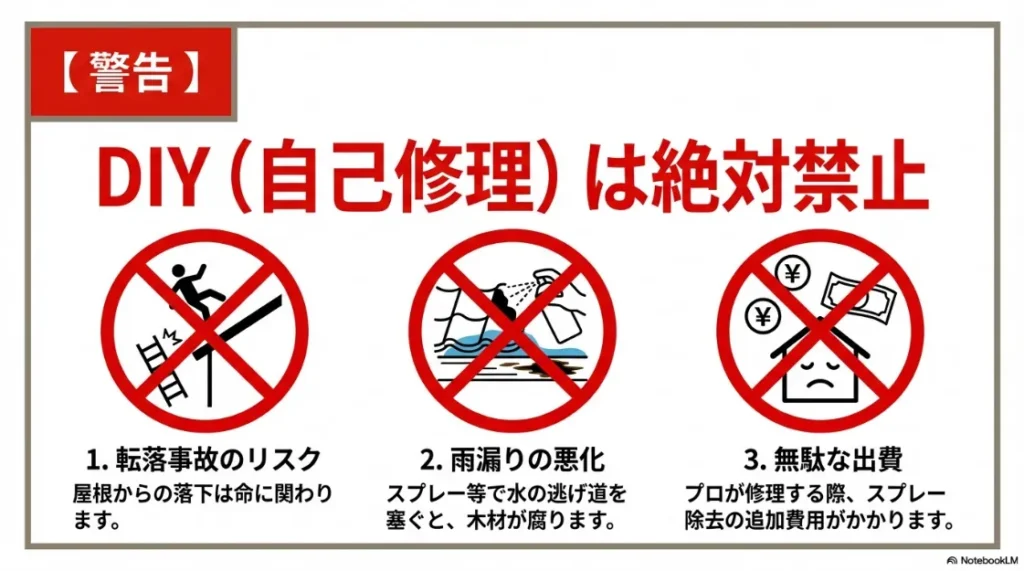 転落リスク、雨漏り悪化、追加費用の発生などDIY修理の危険性を警告するアイコン図