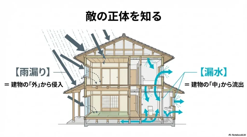 雨漏りは建物の外から侵入、漏水は建物の中から流出するという定義の図解 。