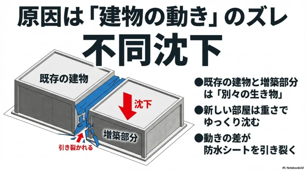 既存建物と増築部分が別々の動きをすることで、つなぎ目の防水シートが引き裂かれる様子を図解したスライド。