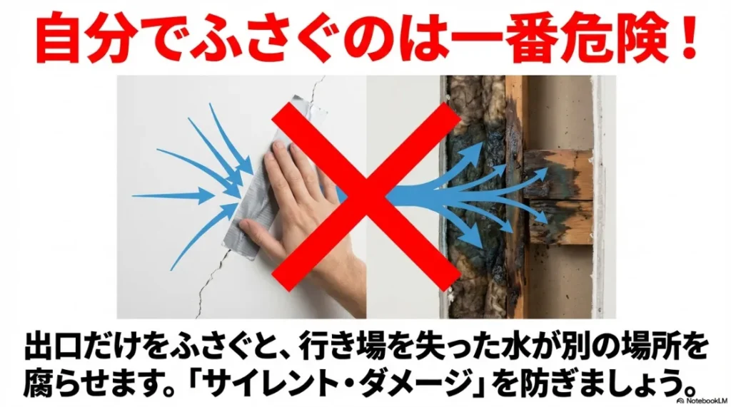 ひび割れをテープで塞ぐ自己流の補修が、水の出口を奪い他の場所を腐らせる「サイレント・ダメージ」を招く様子を示す比較画像