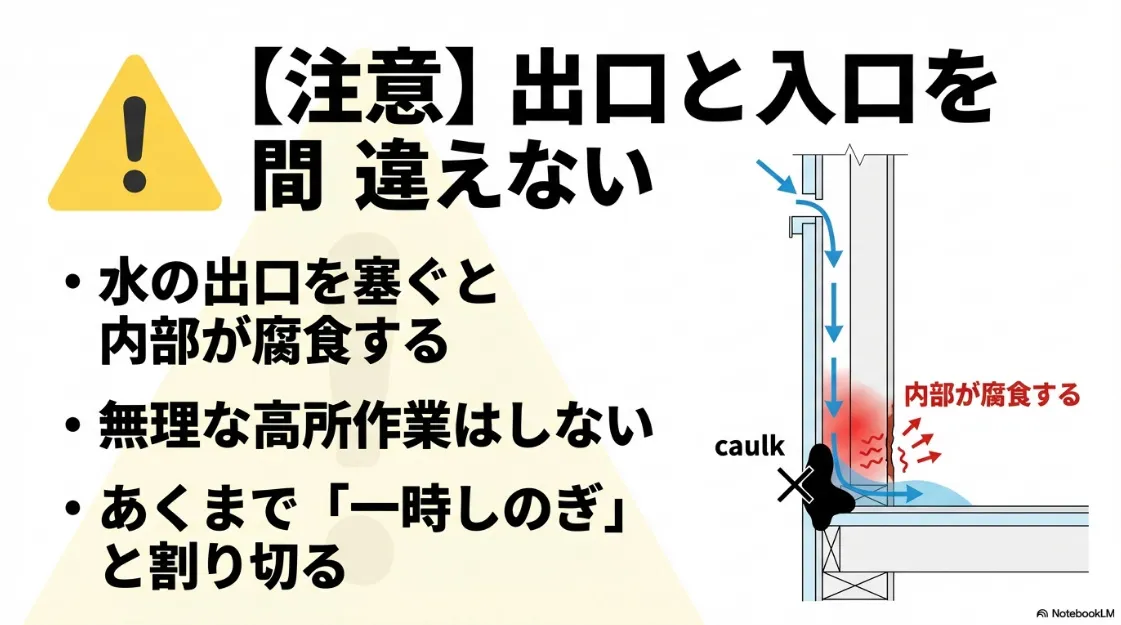 水の出口を塞ぐと内部腐食の原因になることや、無理な高所作業を避けるべき点、あくまで一時しのぎであるという注意。